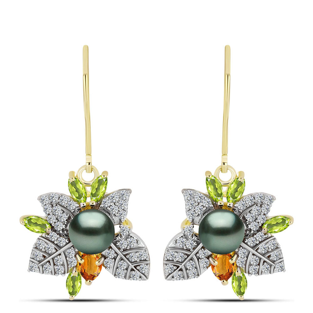 Pozlacené Stříbrné Náušnice se Sladkovodní perlou v podobě Tahitské zelené iluze a Uralským Citrínem 1 