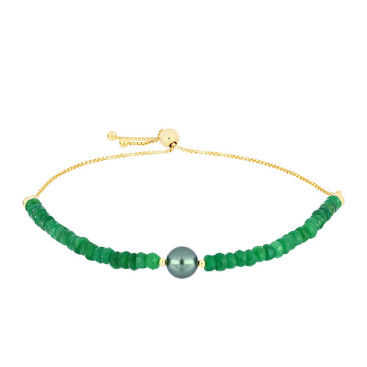 Pozlacený Stříbrný Náramek se Sladkovodní perlou v podobě Tahitské zelené iluze a Brazilským Smaragdem