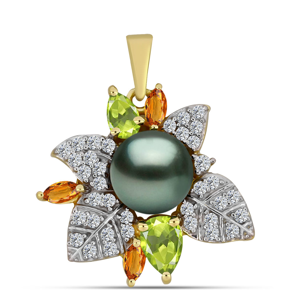 Pozlacený Stříbrný Přívěsek se Sladkovodní perlou v podobě Tahitské zelené iluze a Čchang-pajským Peridotem 1 