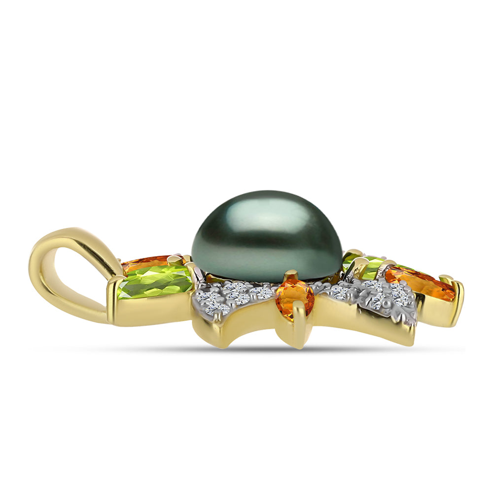 Pozlacený Stříbrný Přívěsek se Sladkovodní perlou v podobě Tahitské zelené iluze a Čchang-pajským Peridotem