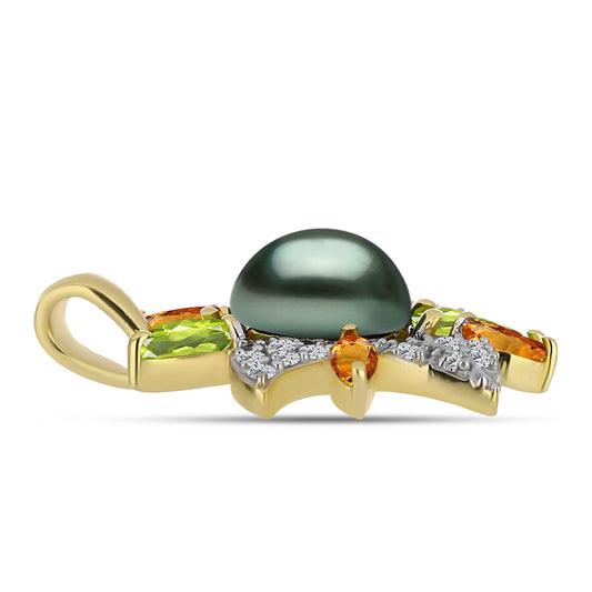 Pozlacený Stříbrný Přívěsek se Sladkovodní perlou v podobě Tahitské zelené iluze a Čchang-pajským Peridotem