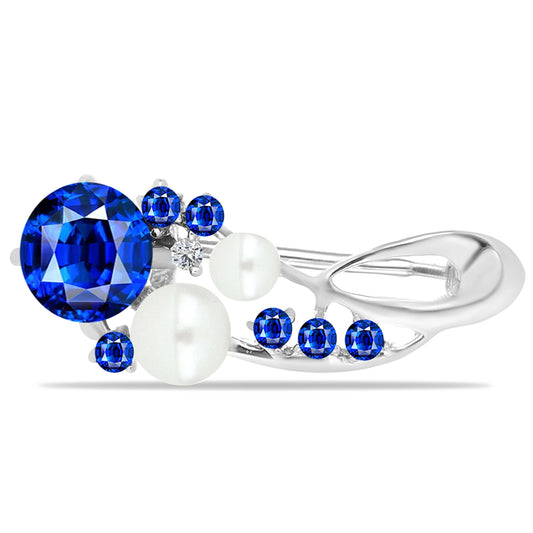 Stříbro 925/1000 Brož s Australským Modrým Safírem a Bílou Sladkovodní Perlou - Karátové číslo: 1.34. přibližná hmotnost: 1.58 gramů