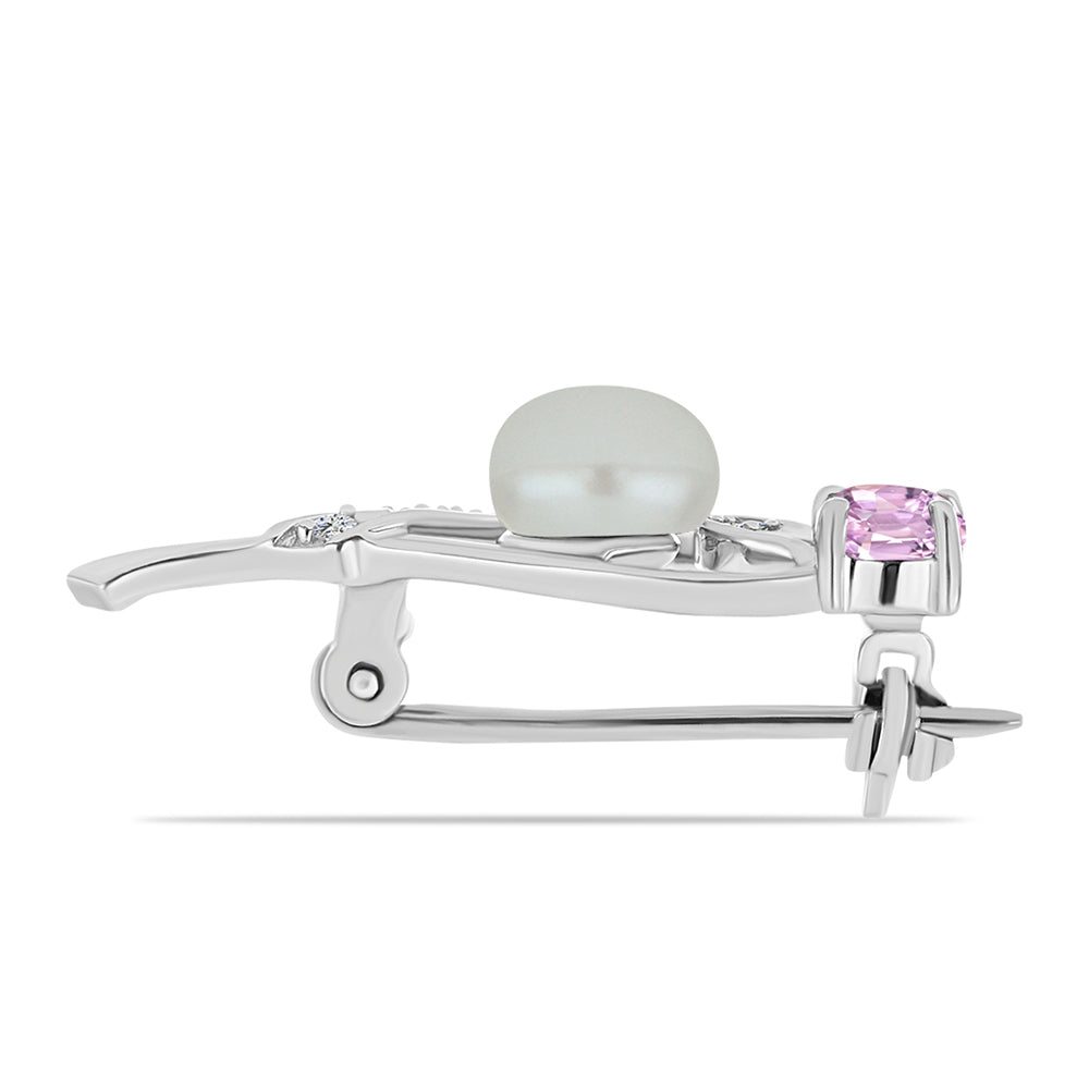 Stříbro 925/1000 - Brož s Kunzitem z Pala a Bílou Sladkovodní Perlou - Karátové číslo: 1.74. přibližná hmotnost: 1.93 gramů