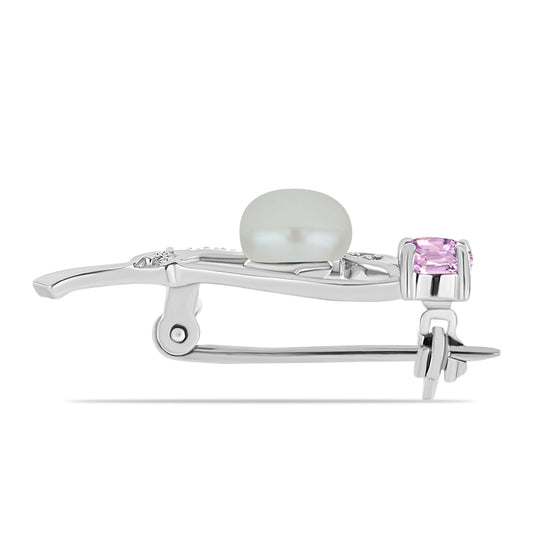 Stříbrný Brož s Kunzitem z Pala a Bílou Sladkovodní Perlou