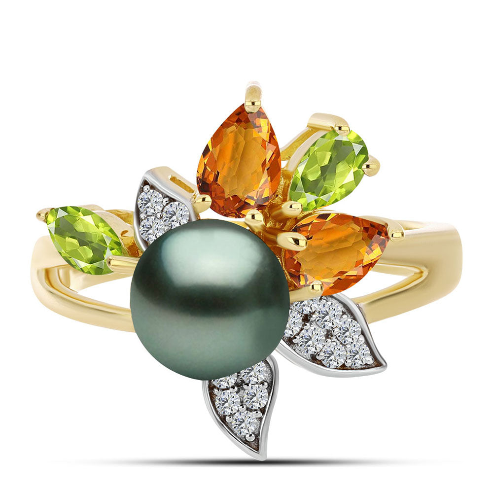 Pozlacený Stříbrný Prsten se Sladkovodní perlou v podobě Tahitské zelené iluze a Uralským Citrínem 1 