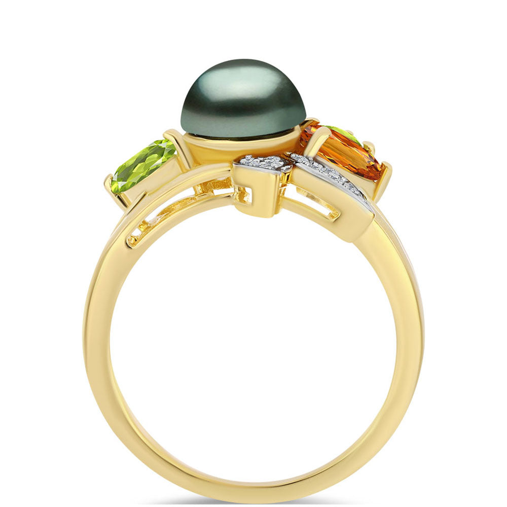 Pozlacený Stříbrný Prsten se Sladkovodní perlou v podobě Tahitské zelené iluze a Uralským Citrínem 2 