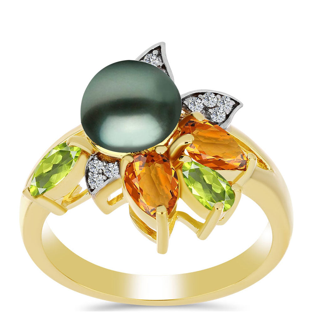 Pozlacený Stříbrný Prsten se Sladkovodní perlou v podobě Tahitské zelené iluze a Uralským Citrínem 3 
