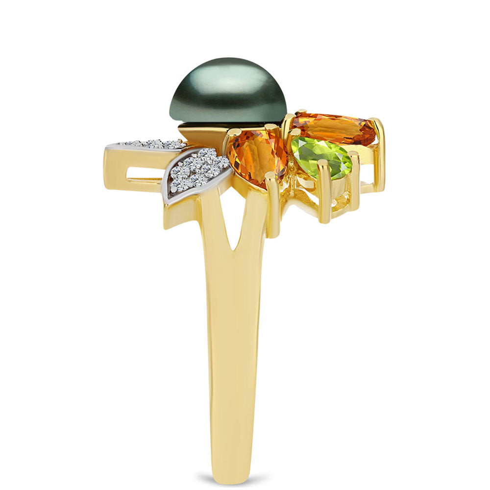 Pozlacený Stříbrný Prsten se Sladkovodní perlou v podobě Tahitské zelené iluze a Uralským Citrínem