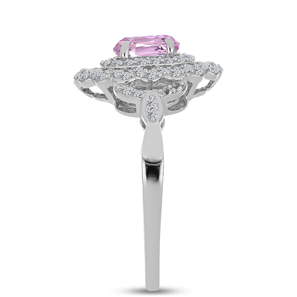 Stříbro 925/1000 Prsten s Kunzitem z Pala a Bílým Topazem - Karátové číslo: 1.54. přibližná hmotnost: 3.35 gramů