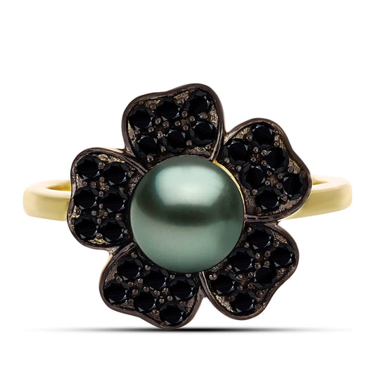 Pozlacený Stříbrný Prsten se Sladkovodní perlou v podobě Tahitské zelené iluze a Černým Spinelem z Horského Badachšánu