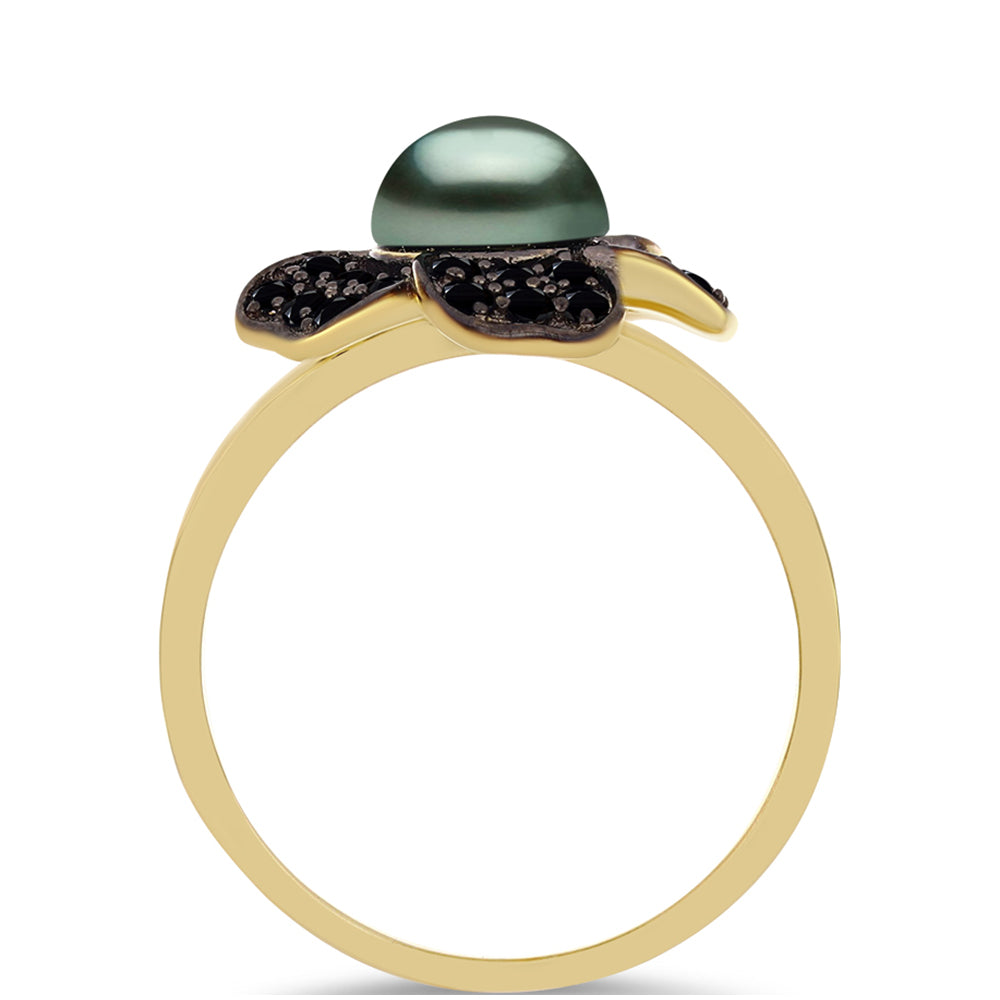 Pozlacený Stříbrný Prsten se Sladkovodní perlou v podobě Tahitské zelené iluze a Černým Spinelem z Horského Badachšánu 2 