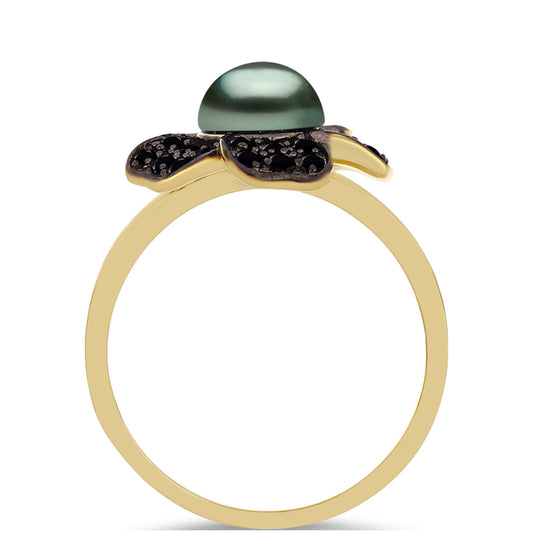 Pozlacený Stříbrný Prsten se Sladkovodní perlou v podobě Tahitské zelené iluze a Černým Spinelem z Horského Badachšánu