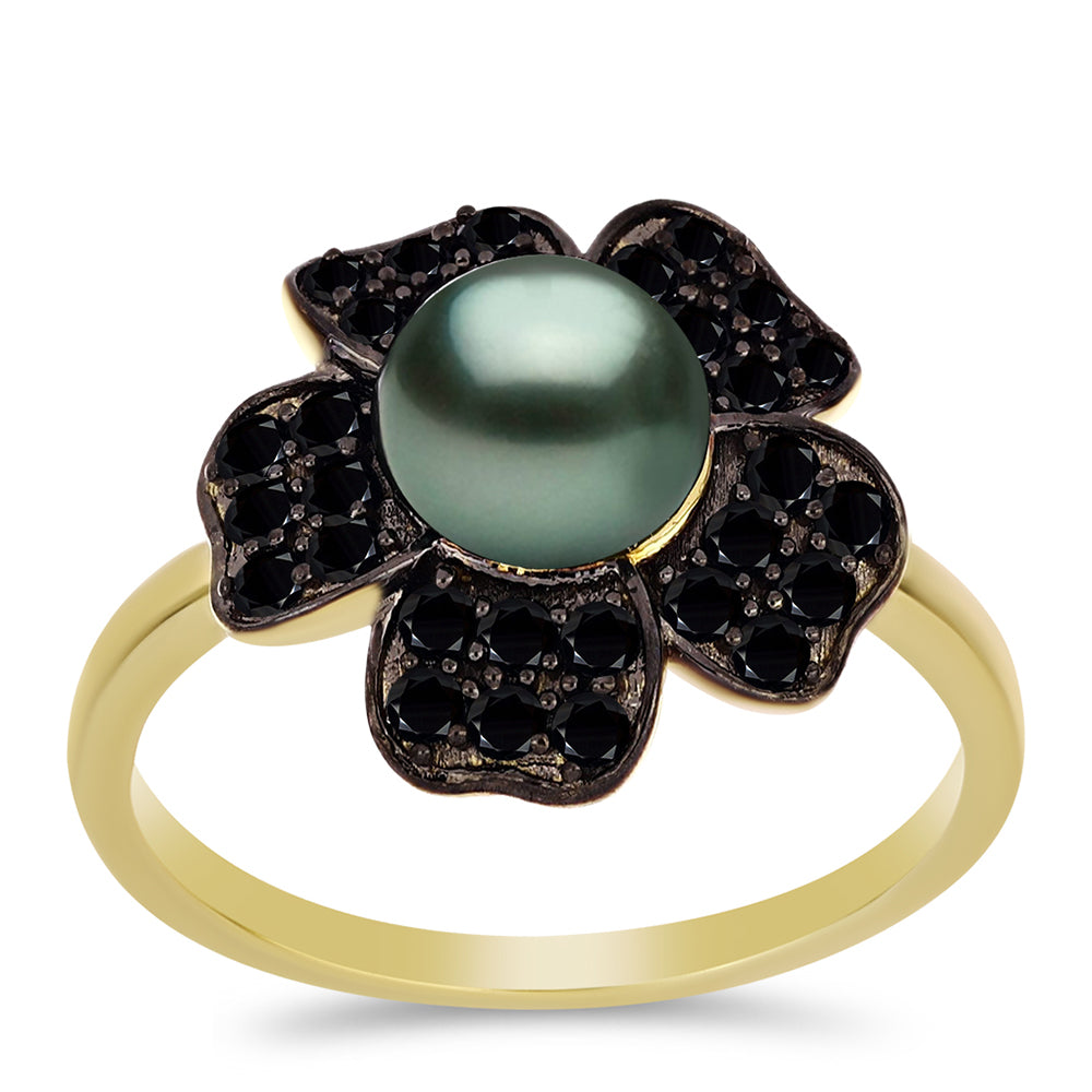 Pozlacený Stříbrný Prsten se Sladkovodní perlou v podobě Tahitské zelené iluze a Černým Spinelem z Horského Badachšánu