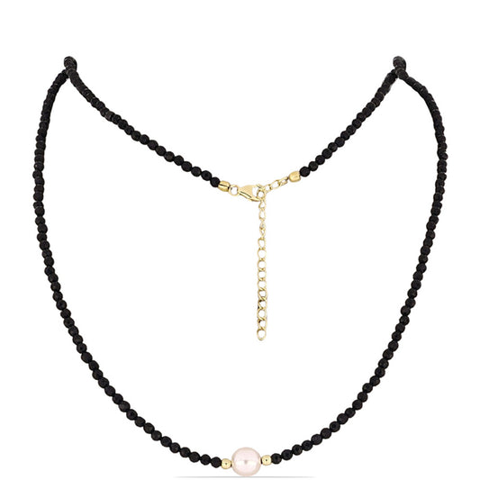 Pozlacené Stříbro 925/1000 - Náhrdelník s Černým Onyxem a Bílou Sladkovodní Perlou - Karátové číslo: 39.04. přibližná hmotnost: 8.93 gramů
