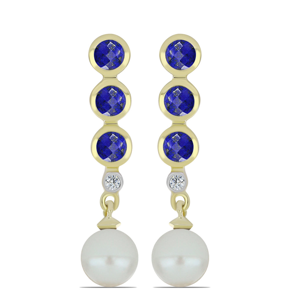 Pozlacené stříbro 925/1000 Náušnice s Lapisem Lazuli a Bílou Sladkovodní Perlou - Karátové číslo: 3.85. přibližná hmotnost: 3.73 gramů