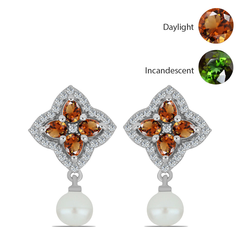 Stříbro 925/1000 - Náušnice s Certifikovaný Anatolským zultanitem pěstovaný v laboratoři a Bílou Sladkovodní Perlou - Karátové číslo: 5.02. přibližná hmotnost: 5.49 gramů 1 