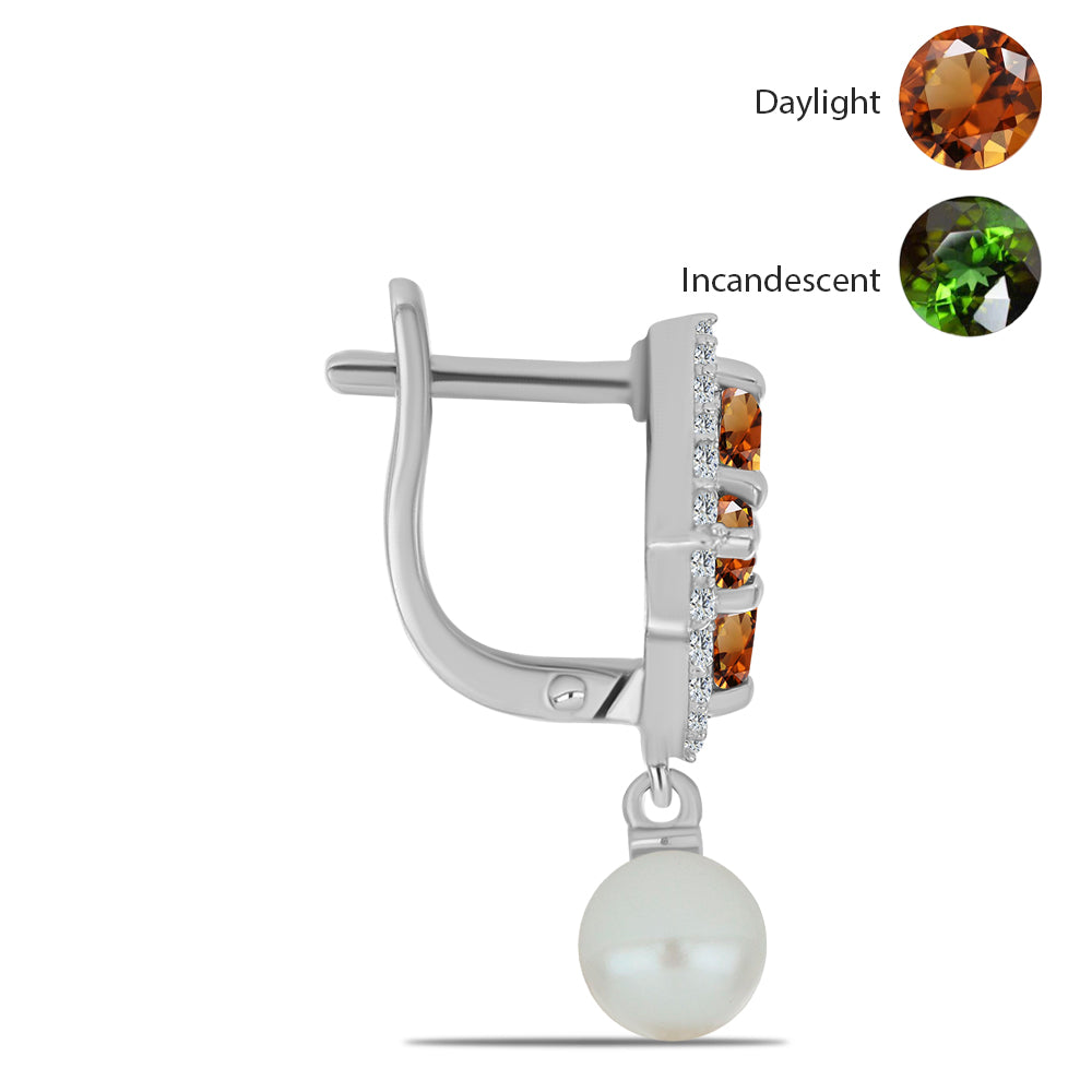 Stříbro 925/1000 - Náušnice s Certifikovaný Anatolským zultanitem pěstovaný v laboratoři a Bílou Sladkovodní Perlou - Karátové číslo: 5.02. přibližná hmotnost: 5.49 gramů 2 