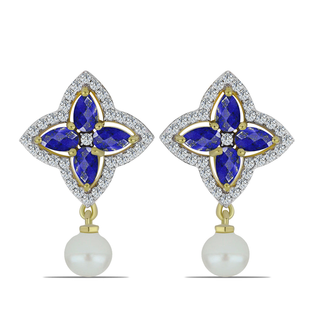 Pozlacené Stříbrné Náušnice s Lapisem Lazuli a Bílou Sladkovodní Perlou 1 