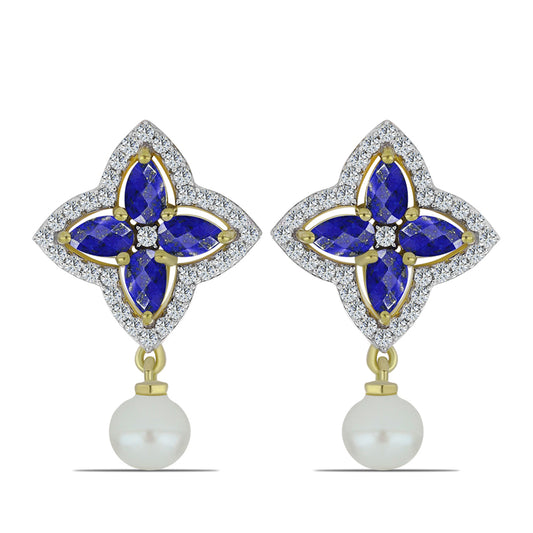 Pozlacené Stříbrné Náušnice s Lapisem Lazuli a Bílou Sladkovodní Perlou