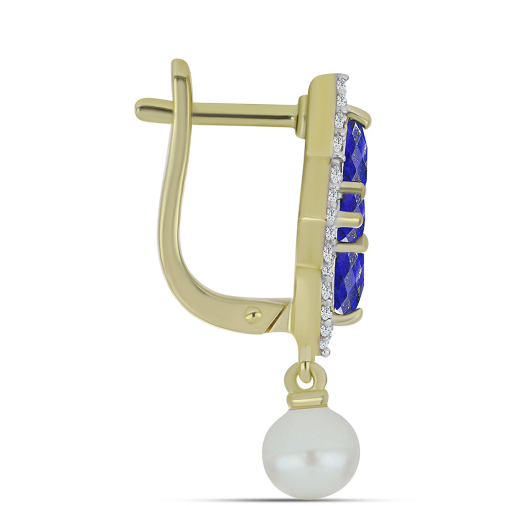 Pozlacené Stříbrné Náušnice s Lapisem Lazuli a Bílou Sladkovodní Perlou 2 