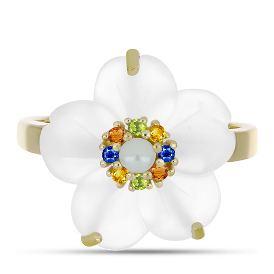 Pozlacený Stříbrný Prsten s Duhovým Safírem a Bílou Sladkovodní Perlou