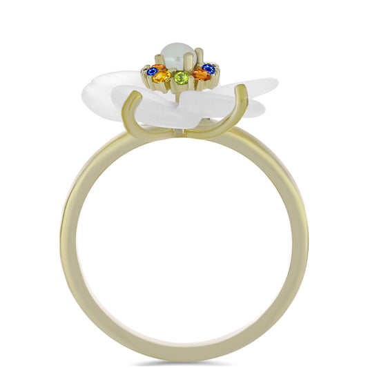 Pozlacený Stříbrný Prsten s Duhovým Safírem a Bílou Sladkovodní Perlou