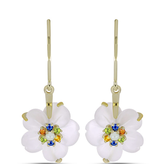 Pozlacené stříbro 925/1000 Náušnice s Duhovým Safírem a Bílou Sladkovodní Perlou - Karátové číslo: 6.34. přibližná hmotnost: 3.66 gramů