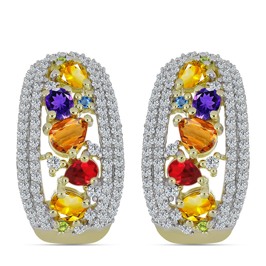 Pozlacené stříbro 925/1000 Náušnice s Duhovým Safírem a Bílým Topazem - Karátové číslo: 3.74. přibližná hmotnost: 9.46 gramů