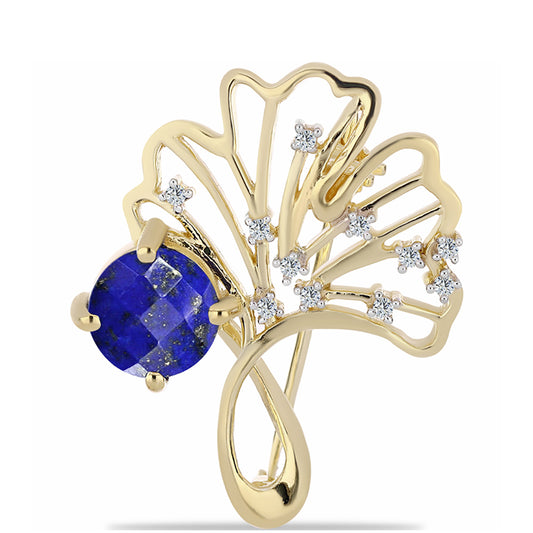 Pozlacené stříbro 925/1000 Brož s Lapisem Lazuli a Bílým Topazem - Karátové číslo: 2.21. přibližná hmotnost: 3.95 gramů