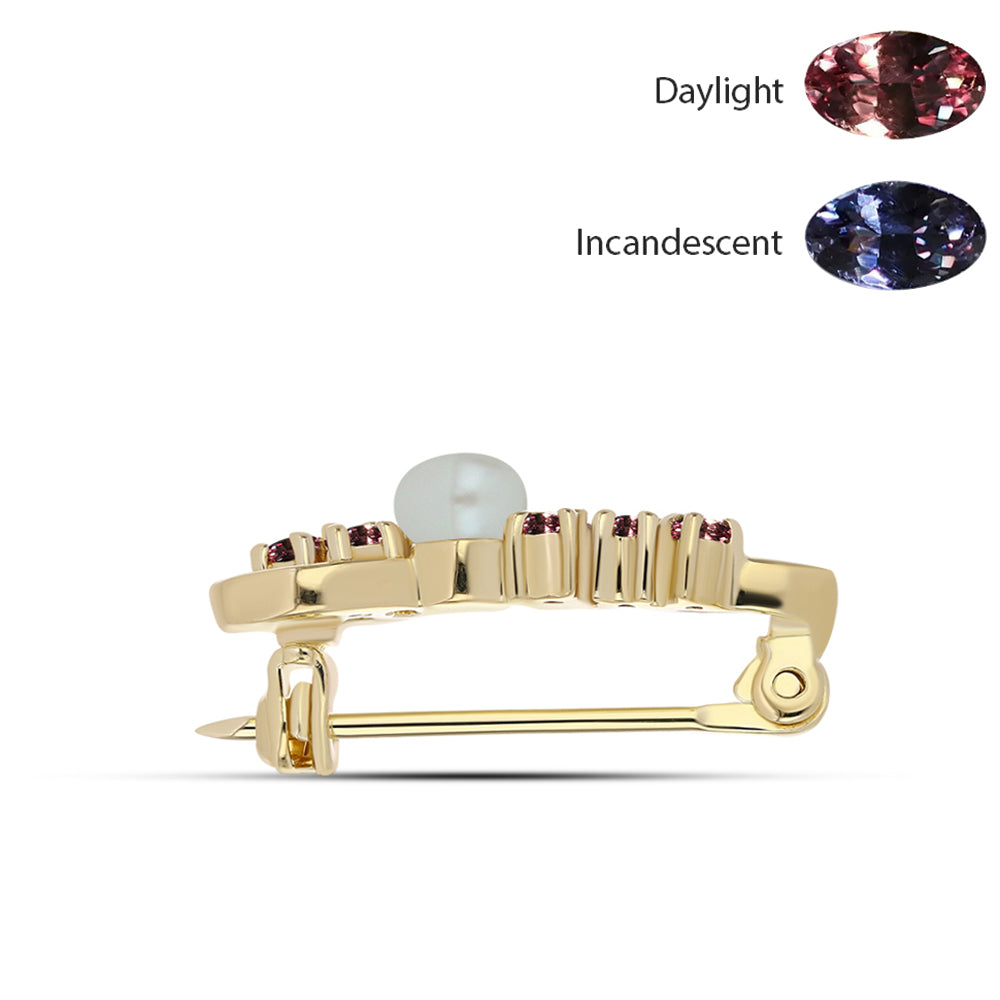 Pozlacené Stříbro 925/1000 - Brož s Tsivorským Měňavým Granátem a Bílou Sladkovodní Perlou - Karátové číslo: 0.9. přibližná hmotnost: 2.38 gramů 2 