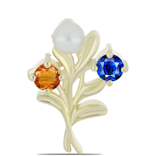 Pozlacený Stříbrný Brož s Duhovým Safírem a Bílou Sladkovodní Perlou