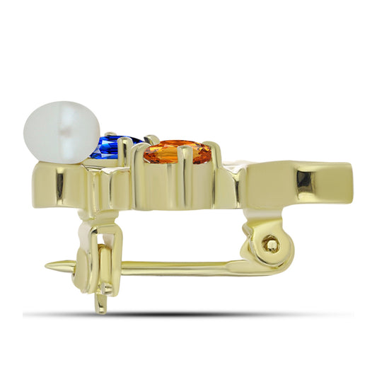 Pozlacený Stříbrný Brož s Duhovým Safírem a Bílou Sladkovodní Perlou