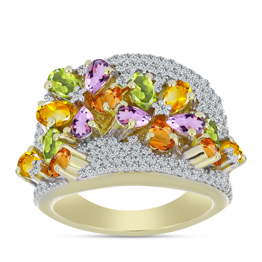 Pozlacené Stříbro 925/1000 - Prsten s Duhovým Safírem a Bílým Topazem - Karátové číslo: 5.44. přibližná hmotnost: 11.23 gramů