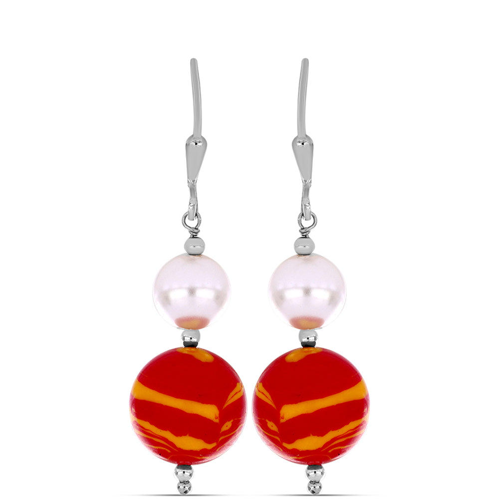 Stříbro 925/1000 - Náušnice s jaspisem (Lví tlapa) a Bílou Sladkovodní Perlou - Karátové číslo: 26.3. přibližná hmotnost: 6.38 gramů