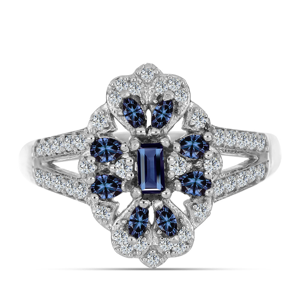 Stříbro 925/1000 - Prsten s "Císařský Fialový" Moissanitem a Bílým Topazem - Karátové číslo: 0.77. přibližná hmotnost: 5 gramů