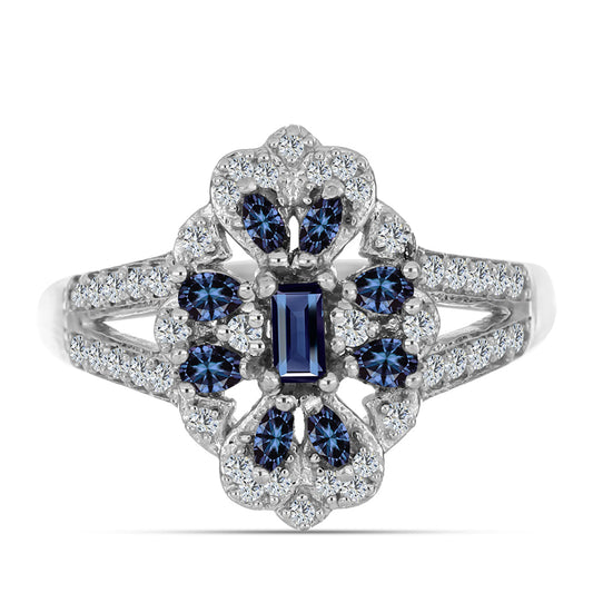 Stříbro 925/1000 - Prsten s "Císařský Fialový" Moissanitem a Bílým Topazem - Karátové číslo: 0.77. přibližná hmotnost: 5 gramů