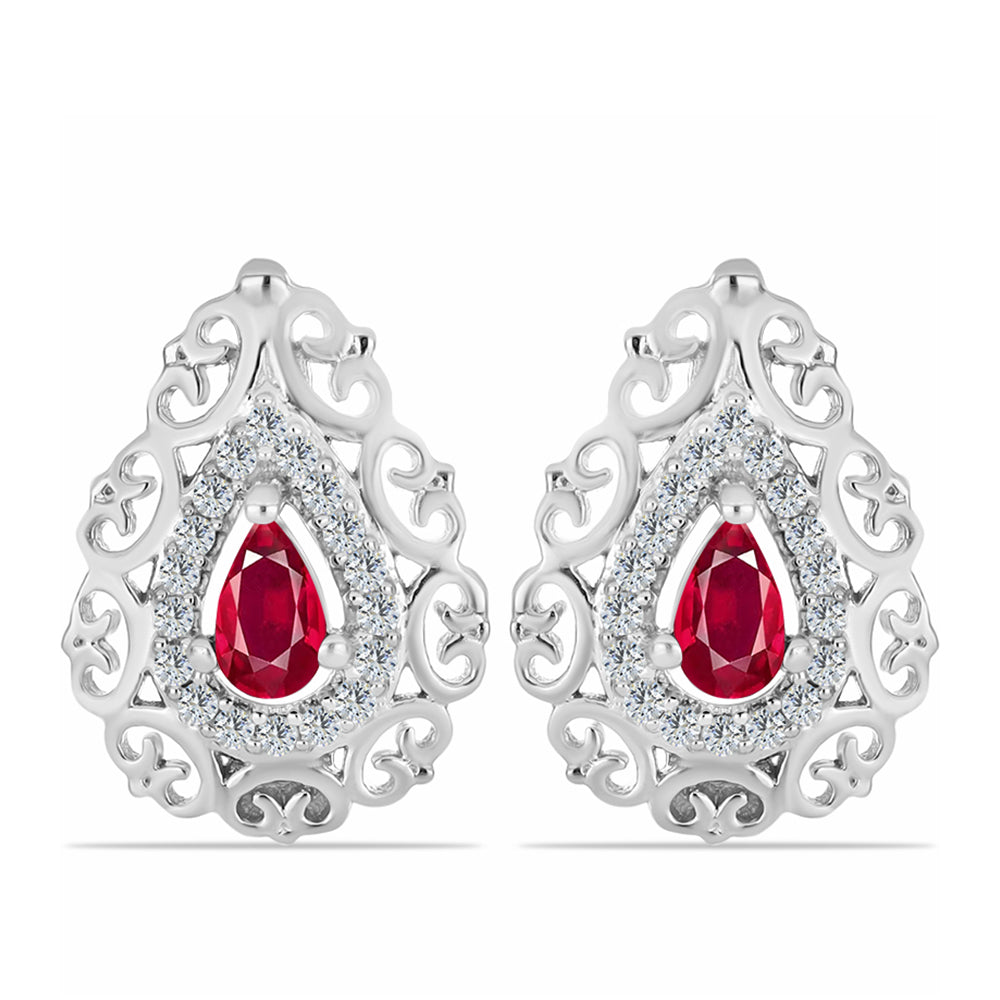 Stříbro 925/1000 - Náušnice s Madagaskarským Rubínem a Bílým Topazem - Karátové číslo: 0.88. přibližná hmotnost: 3.72 gramů