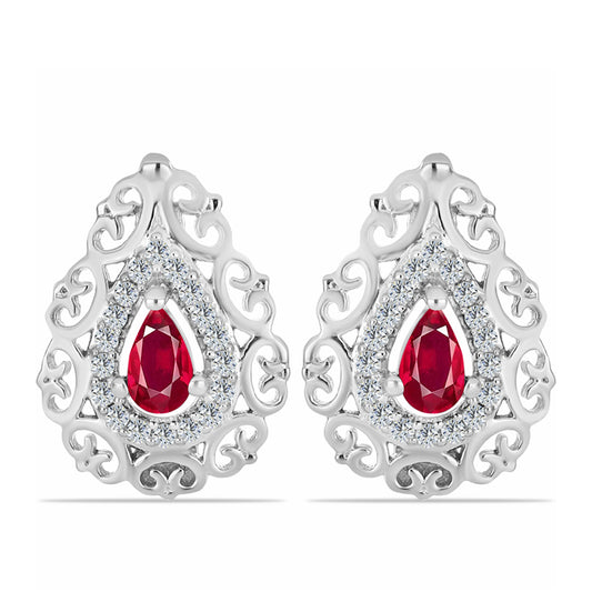 Stříbro 925/1000 - Náušnice s Madagaskarským Rubínem a Bílým Topazem - Karátové číslo: 0.88. přibližná hmotnost: 3.72 gramů