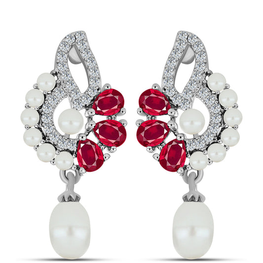 Stříbrné Náušnice s Madagaskarským Rubínem a Bílou Sladkovodní Perlou