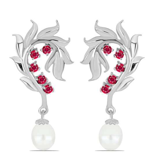 Stříbrné Náušnice s Madagaskarským Rubínem a Bílou Sladkovodní Perlou