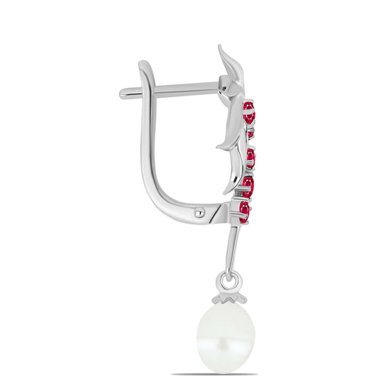 Stříbrné Náušnice s Madagaskarským Rubínem a Bílou Sladkovodní Perlou