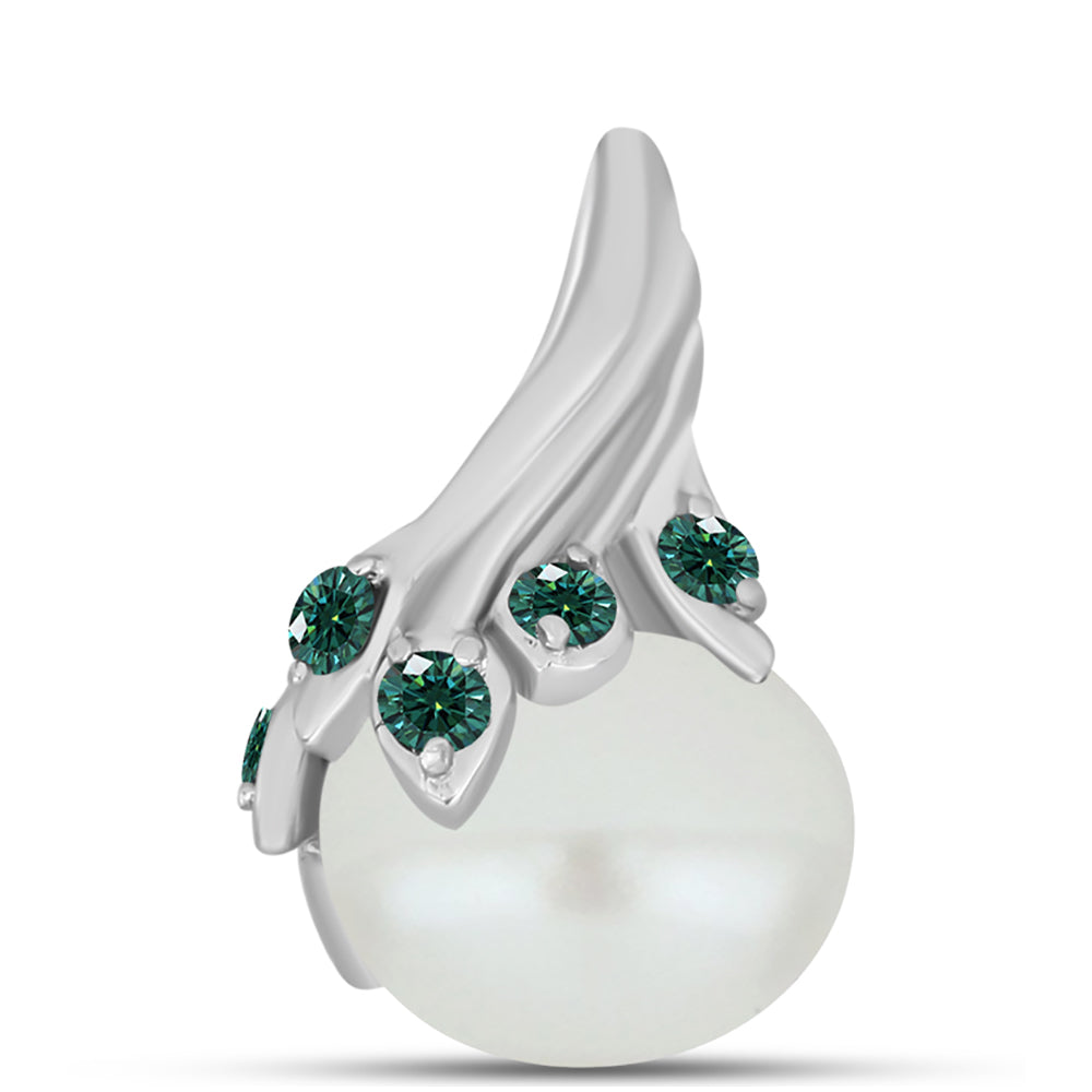 Stříbrný Přívěsek s Zelenkavý mořsky modrý Moissanitem a Bílou Sladkovodní Perlou 1 