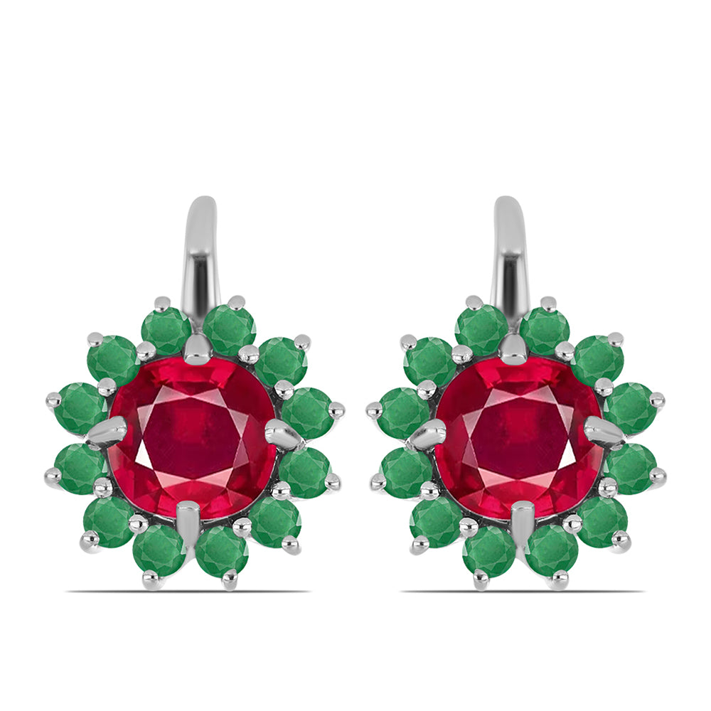 Stříbrné Náušnice s Madagaskarským Rubínem a Brazilským Smaragdem