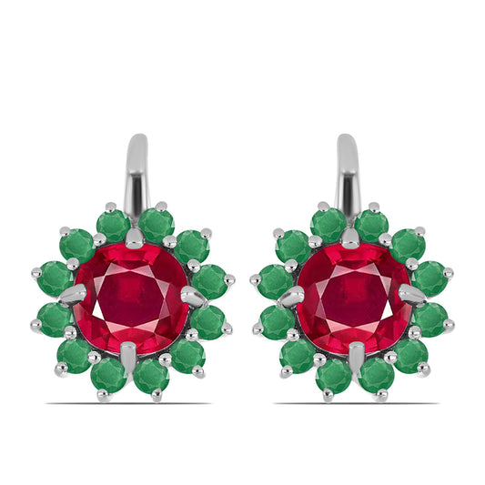 Stříbrné Náušnice s Madagaskarským Rubínem a Brazilským Smaragdem