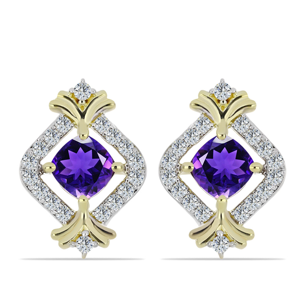 Pozlacené Stříbro 925/1000 - Náušnice s Marockým Ametystem a Bílým Topazem - Karátové číslo: 1.47. přibližná hmotnost: 3.94 gramů 1 