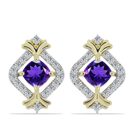 Pozlacené Stříbro 925/1000 - Náušnice s Marockým Ametystem a Bílým Topazem - Karátové číslo: 1.47. přibližná hmotnost: 3.94 gramů