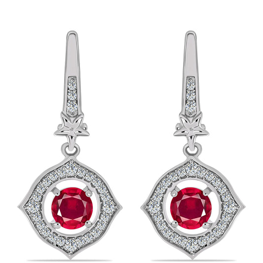 Stříbro 925/1000 - Náušnice s Madagaskarským Rubínem a Bílým Topazem - Karátové číslo: 1.9. přibližná hmotnost: 4.68 gramů