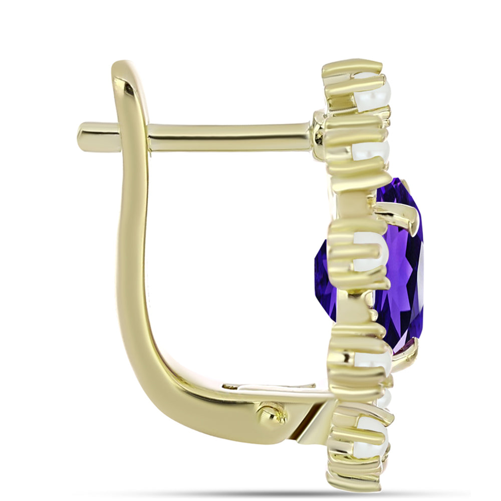 Pozlacené stříbro 925/1000 Náušnice s Marockým Ametystem a Bílou Sladkovodní Perlou - Karátové číslo: 3.11. přibližná hmotnost: 5.44 gramů 2 