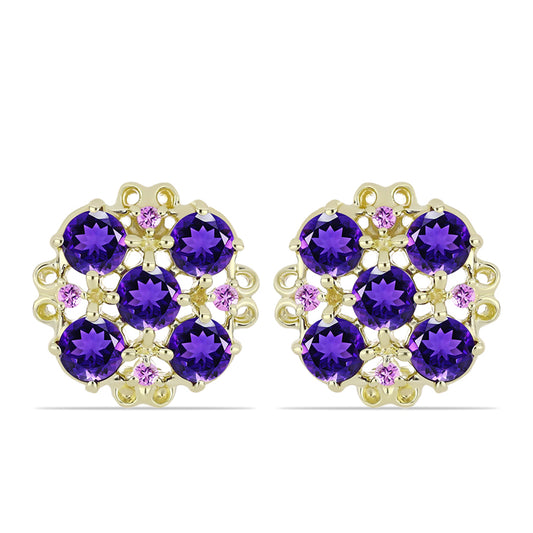 Pozlacené Stříbro 925/1000 - Náušnice s Marockým Ametystem a Brazilským Ametystem - Karátové číslo: 2.59. přibližná hmotnost: 4.63 gramů