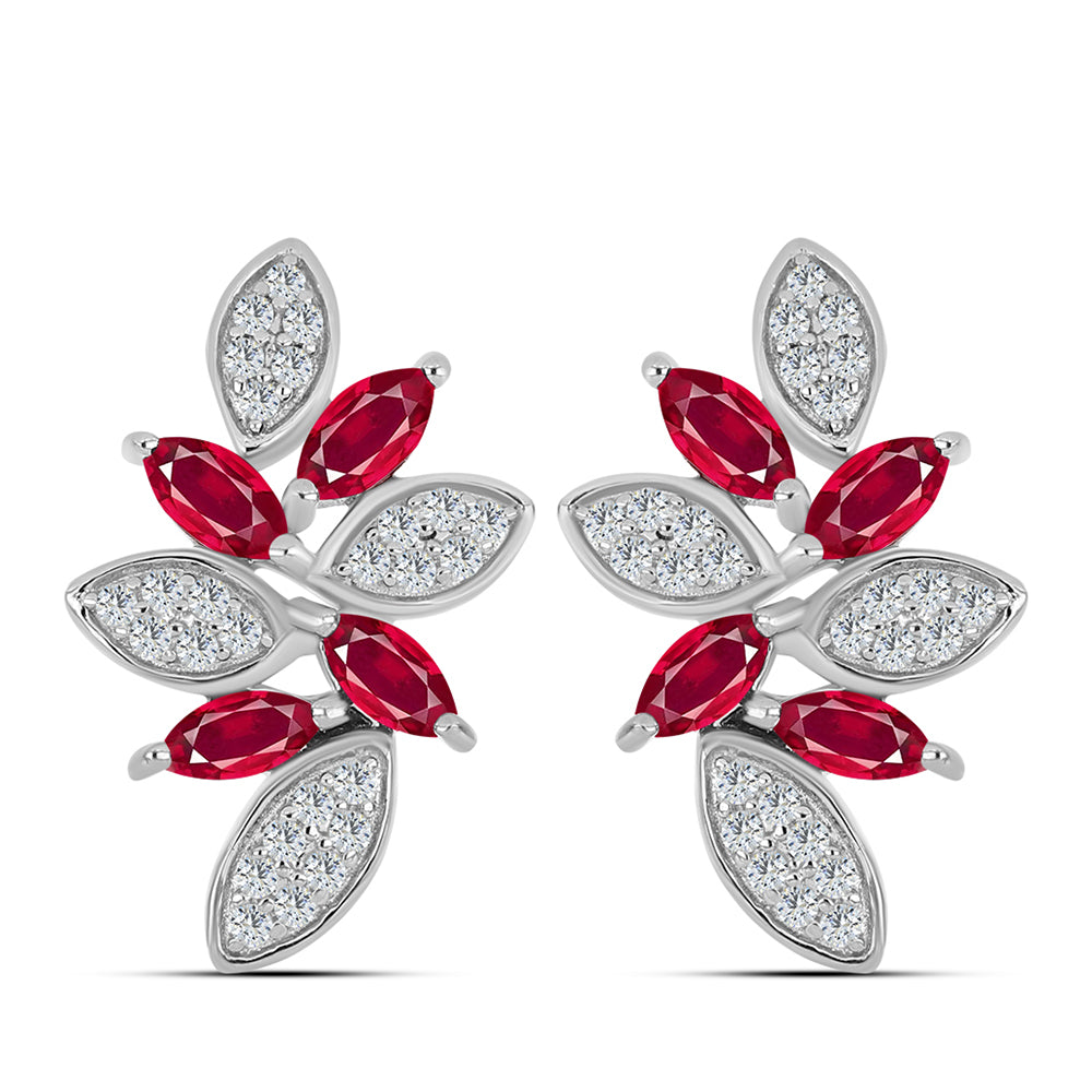 Stříbro 925/1000 - Náušnice s Madagaskarským Rubínem a Bílým Topazem - Karátové číslo: 1.95. přibližná hmotnost: 5.12 gramů